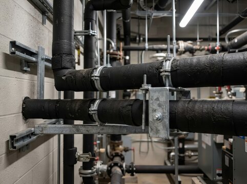 Close up of sturdy black insulated pipes secured with metal brackets in a modern mechanical room