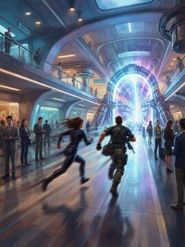 Vibrant sci fi illustration of sprinting figures near a glowing transport gate in a sleek concourse