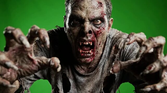 Scary zombie reaching out with claws, horror character makeup on green screen for easy compositing and vfx