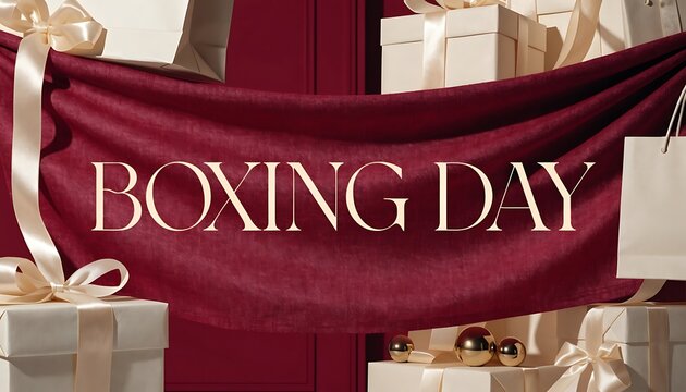 Boxing Day Sale Banner with Gifts and Ribbons shopping present