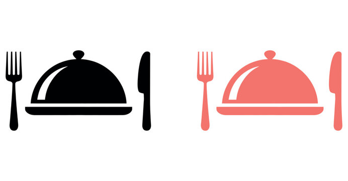 Restaurant food service tray cloche icon with fork and knife symbols vector graphic set.