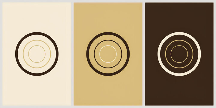 Three abstract posters featuring concentric circles in dark brown, beige, and white color