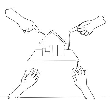 Continuous line drawing of hands pointing at a small model house, real estate investment concept for property buying.