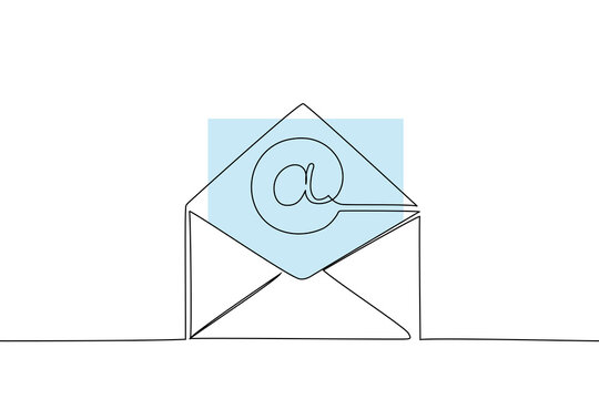 Continuous line drawing of an open envelope with an email symbol inside, highlighted by a light blue geometric shape. electronic communication, messaging, contact, digital 