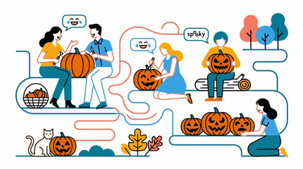 Naklejka premium People Carving Halloween Pumpkins Spooky Autumn Fun Holiday Party DIY