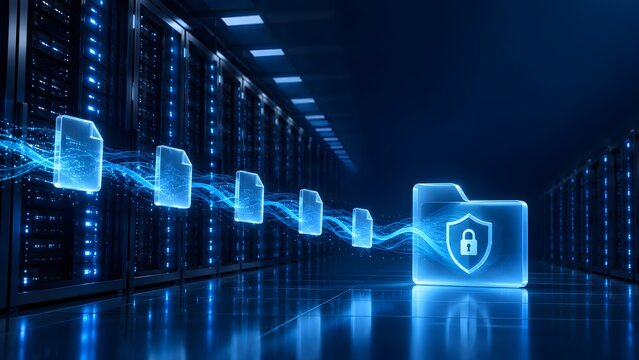 Secure digital file migration into an encrypted folder with padlock icon inside a futuristic server room
