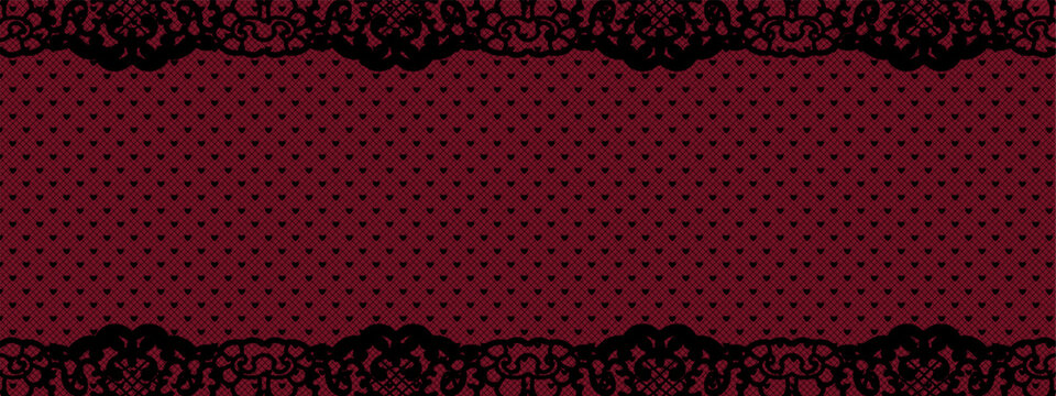 Black chantilly lace scallop frame. Antique border with pattern edge. Decorative wedding brush runner with wavy trim. Mat simple wave with ruffle and heart. Crochet boarder doily on red background