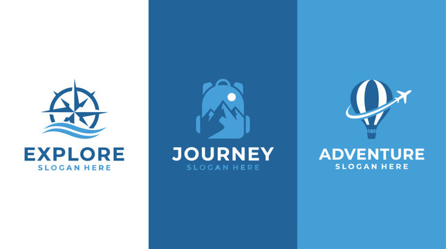 This image showcases three unique logo designs representing exploration, journey, and adventure, perfect for travel-related businesses looking to inspire wanderlust.