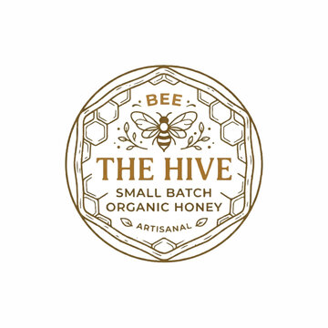 Small Batch Artisanal Honey Logo Featuring Honey Bees, Hexagon Hive Design with Floral Elements