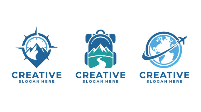 This collection displays three adventurous mountain-themed logos, symbolizing exploration, travel, and outdoor activities, perfect for adventure companies and travel services.