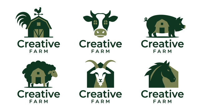 A charming logo set for a creative farm showcasing various farm animals and barns, embodying rural life and agriculture while promoting a creative and fun identity for the farming community.