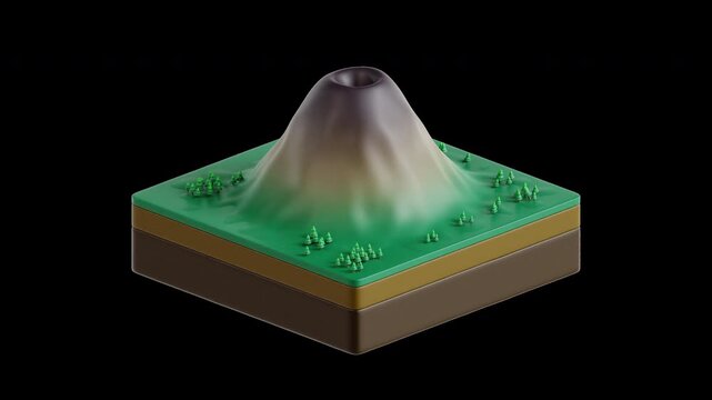 3D isometric volcano erupting with flowing glowing lava in a looping 3D animated icon style on an isolated natural landscape base for natural disaster and geology education concepts.