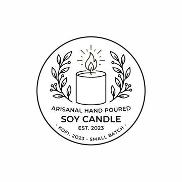 Artisanal Hand Poured Soy Candle Label with Candle Illustration and Leaf Branches Design