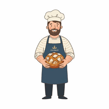 Friendly male chef wearing white toque and apron proudly presenting freshly baked artisan bread loaf