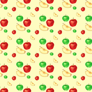 Seamless pattern with red and green apples and slices on soft yellow background
