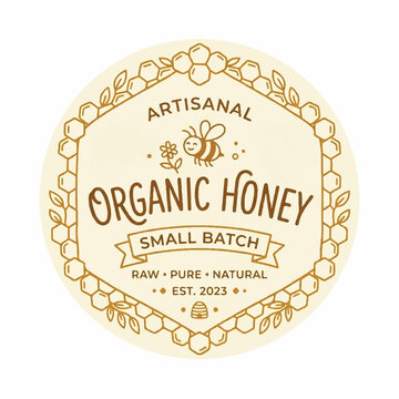 Artisanal Organic Small Batch Honey Label Illustration with Vintage Bee Badge Design