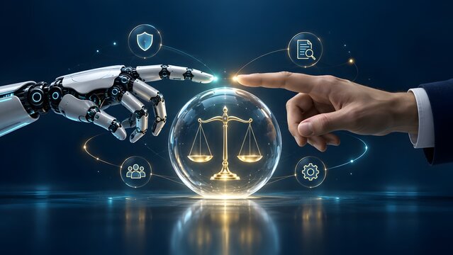Robotic and human hands interacting with a glowing scale of justice symbolizing artificial intelligence ethics and legal compliance