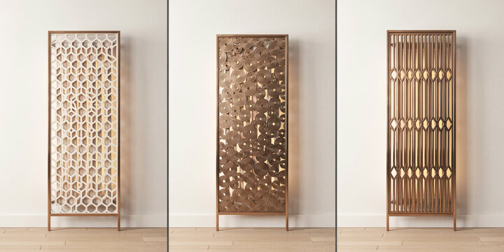 Three tall decorative room dividers with intricate geometric cutout patterns and metal frames