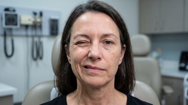 Middle aged woman with facial nerve paralysis showing drooping mouth and eyelid symptoms of Bell palsy