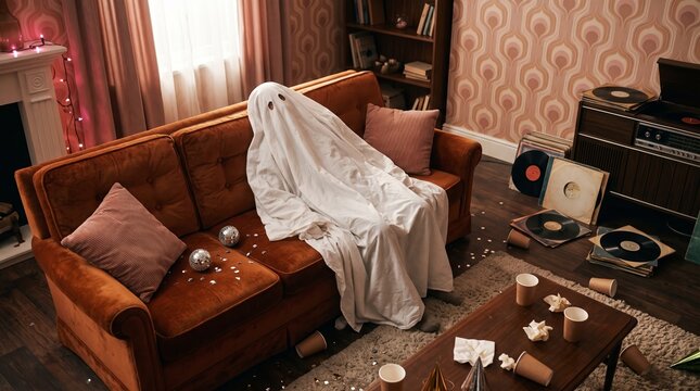 Ghost in a white sheet rests on an orange sofa amid confetti, vinyl records, balloons and disco decor. Concept for Halloween ads, social media and lifestyle editorials. Generative AI.