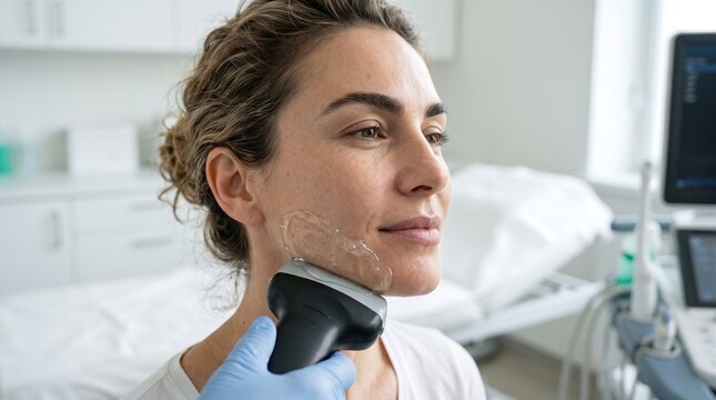 Dermatologist applying gel during non invasive ultrasound skin tightening procedure on woman jawline