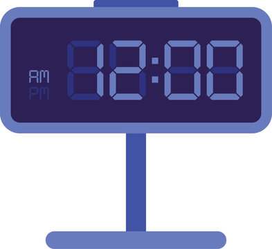 Blue digital desk stand clock icon showing 12:00 with blue LED display. Modern electronic timer timepiece flat vector illustration element for office setup.