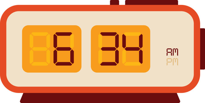 Retro orange flip clock icon showing time 06:34 AM. Vintage mechanical digital table clock flat vector illustration element for home and office decor.