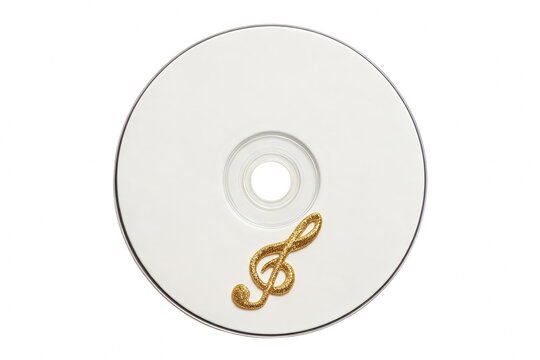 White compact disc featuring a golden glitter treble clef musical symbol
