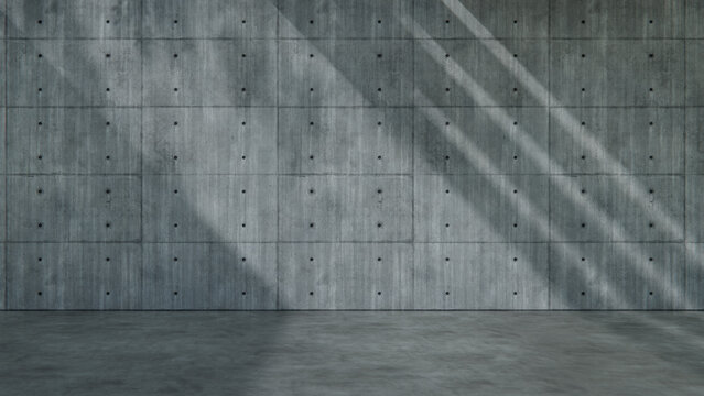 Vacant Weathered Concrete Panel Wall Outdoor Space with Canopy Shadow and Glossy Concrete Floor. Civic Architecture Concept with copy-space.