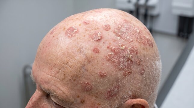 Actinic keratosis scaly red patches sun damage precancerous lesions on bald senior scalp