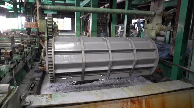 Large perforated metal barrel rotating on a green plating machine during the surface finishing of small steel parts