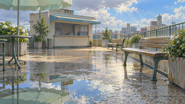 雨上がりの水たまりに空を映し、ベンチと小さな売店が並ぶ日差しの戻った屋上テラス。AIで生成