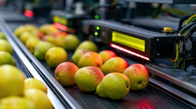 An automated optical sorting machine scans harvested Williams pears on a conveyor belt. Laser sensors and NIR spectroscopy assist in quality control.