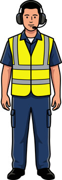Illustration of a male airport ground crew worker wearing safety vest and headset.