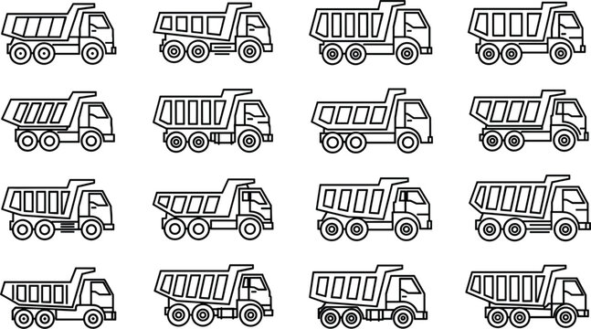 Construction Dump Truck Line Icon Set with Heavy Machinery Tipper Vehicles for Civil Engineering, Mining, and Earthmoving Designs