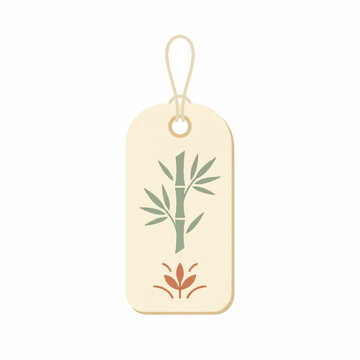 Illustration of a Beige Hang Tag Decorated with Green Bamboo and a Small Red Flower Design