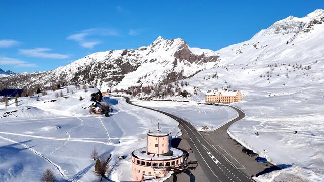 Monte Leone Hotel and Hospice at Simplon mountain pass in Swiss Alps. Aerial