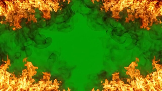 Dynamic fire border frame overlay on green screen for cinematic effects flames