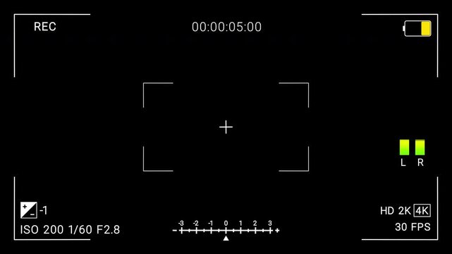  Footage of video recorder camera screen with multiple settings, timer, low battery, and frequency animation 4K Alpha Channel