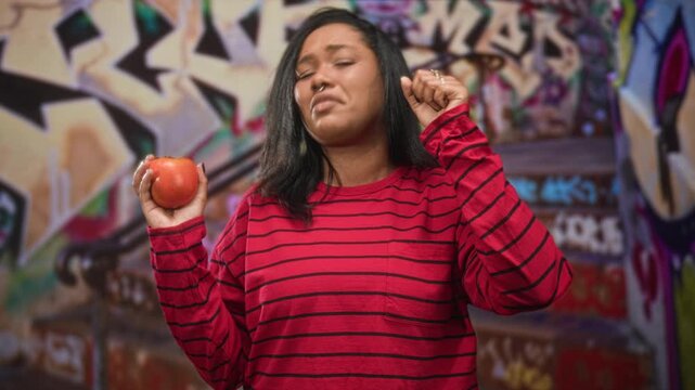 Young woman holding tomato rubbing eye in street with graffiti covered mural, stairs and railing; discomfort reaction.
