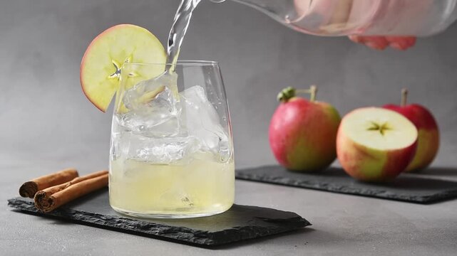 Tonic water pours over iced apple cider during preparation of apple cider cold brew tonic drink.