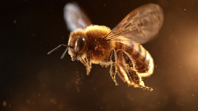 A honeybee flies through the air, wings blurred from rapid motion with pollen dust present on body hairs against a dark background.