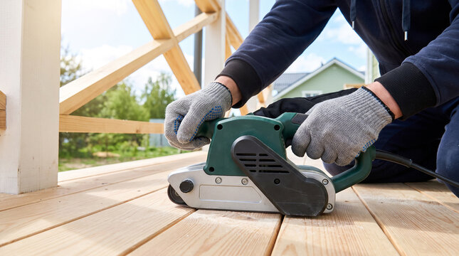 Worker using a belt sander on wooden deck boards at an outdoor construction site under blue sky