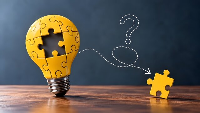Yellow lightbulb puzzle with a missing piece dropping away and a question mark symbol indicating a search for creative solutions