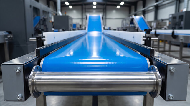 Blue flat belt conveyor with stainless steel roller running through a clean modern food-grade factory
