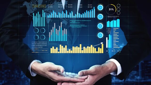 Businessman Presenting Digital Data Analytics Visuals with Statistical Charts and Graphs in Futuristic Business Environment. Entropy.
