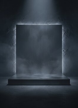 Dark industrial stage with rectangular podium and backlight mist backdrop