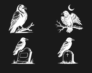 Fototapeta premium Vintage Raven and Crow Illustrations Set: Birds Perched on Tree Branches and Gravestones with Moon, Gothic Design Elements