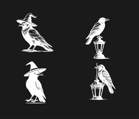 Fototapeta premium Halloween Ravens and Crows Set with Wizard Hats and Vintage Lanterns. Spooky Monochrome Vector Illustrations for Gothic, Magic, and Witchcraft Designs.
