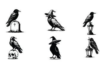 Fototapeta premium Raven and Crow Vector Illustrations Set with Gothic, Halloween, and Witchcraft Themes including Tombstone, Skull, Lantern, and Witch Hat Designs
